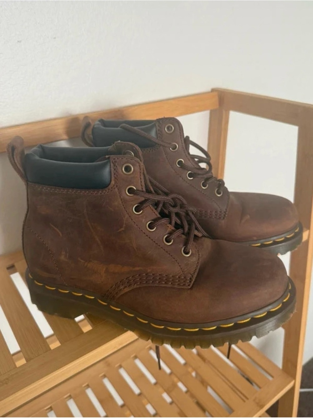Dr. Martens Brown Leather Ankle Boots with Yellow Stitching